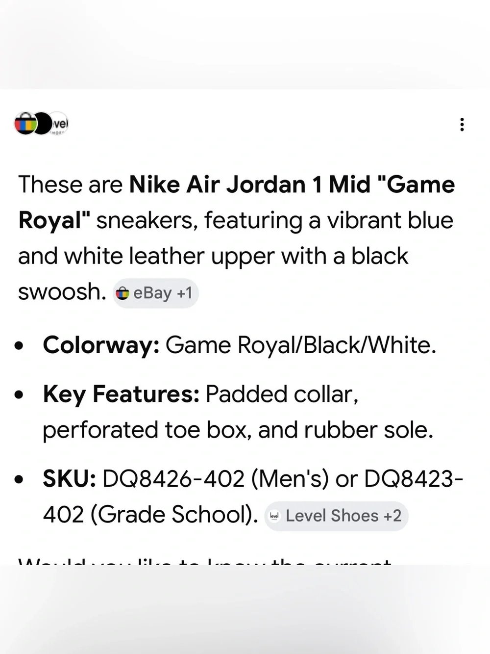 Nike Air Jordan 1 Royal Game  Kids Size 7 Mid-Top Sneakers in Blue, White, Black